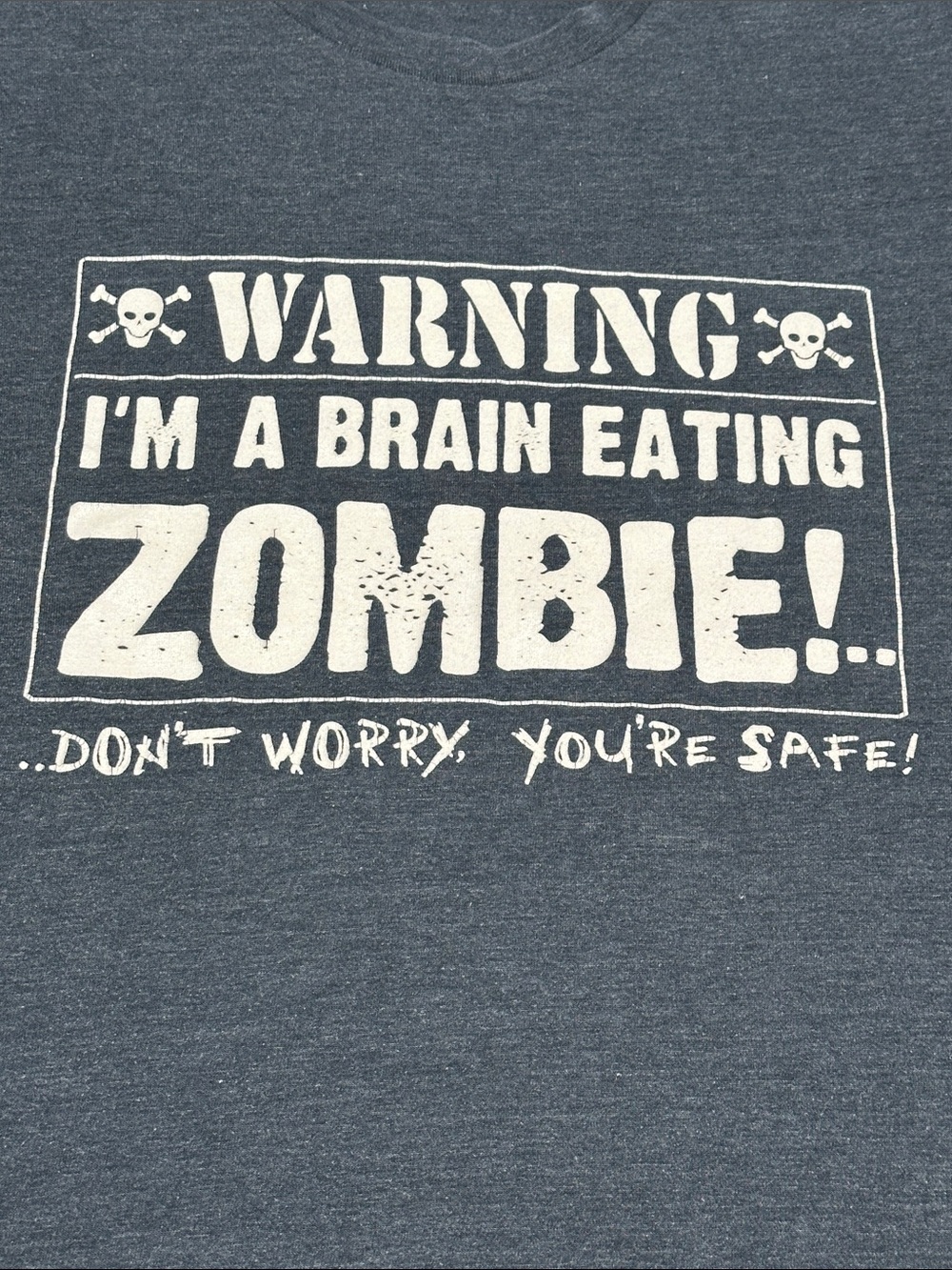t-shirt. Unisex Size L Warning, Brain Eating Zombie, Don’t Worry You’re Safe